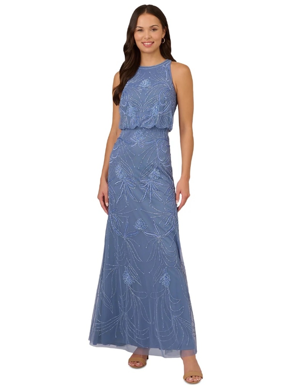Adrianna Papell Petite Beaded Embellished Halter Dress - French Blue 6P